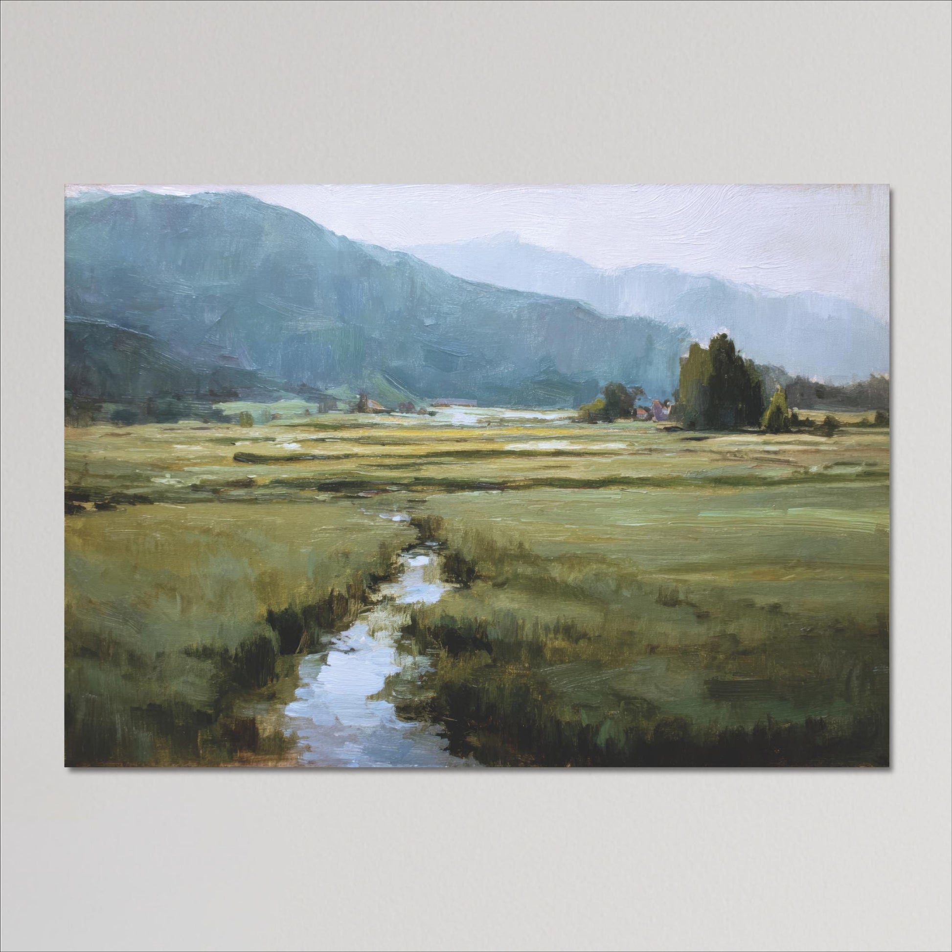 a serene landscape with a winding stream flowing through a grassy field, surrounded by mountains in the distance.
