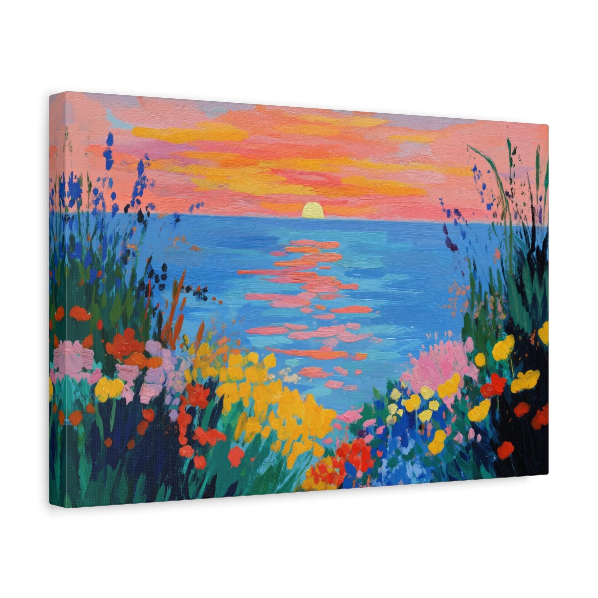 The image is a vibrant painting depicting a serene sunset over a body of water, surrounded by a colorful array of flowers and foliage.