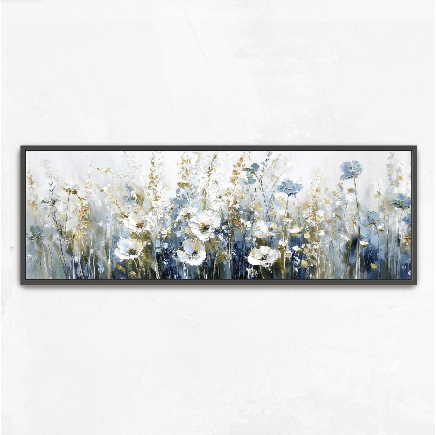 A framed painting depicting a field of white and blue flowers against a white background.