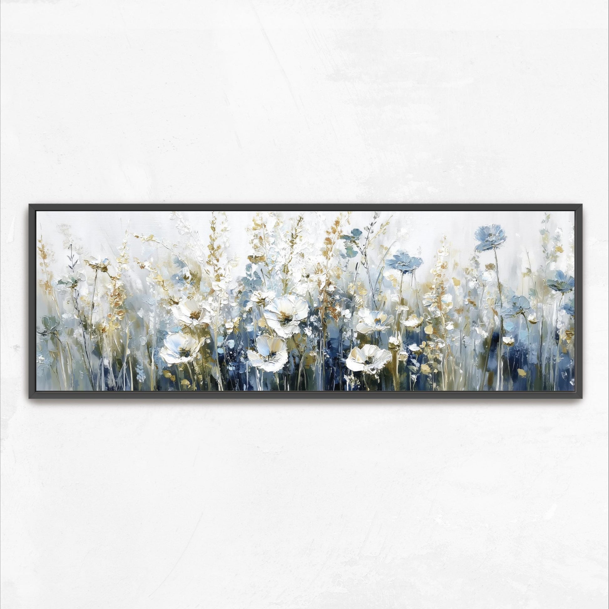 A framed painting depicting a field of white and blue flowers against a white background.