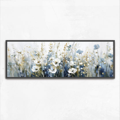 A framed painting depicting a field of white and blue flowers against a white background.