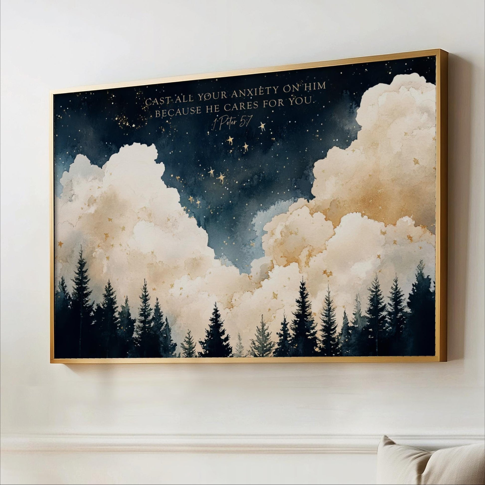 The image is a framed painting depicting a serene night sky with clouds and stars, surrounded by pine trees.