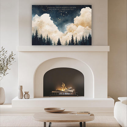 a cozy living room with a white fireplace, a wooden coffee table, and a potted plant. Above the fireplace, there is a framed painting depicting a starry night sky with clouds.