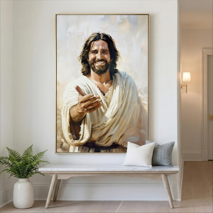 a large painting of Jesus Christ with a smiling expression, hanging on a wall above a wooden bench.