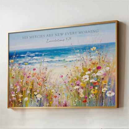 The image is a framed painting depicting a vibrant field of colorful flowers, with a serene body of water in the background. The painting is framed in gold and is hung on a wall.