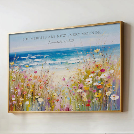 The image is a framed painting depicting a vibrant field of colorful flowers, with a serene body of water in the background. The painting is framed in gold and is hung on a wall.