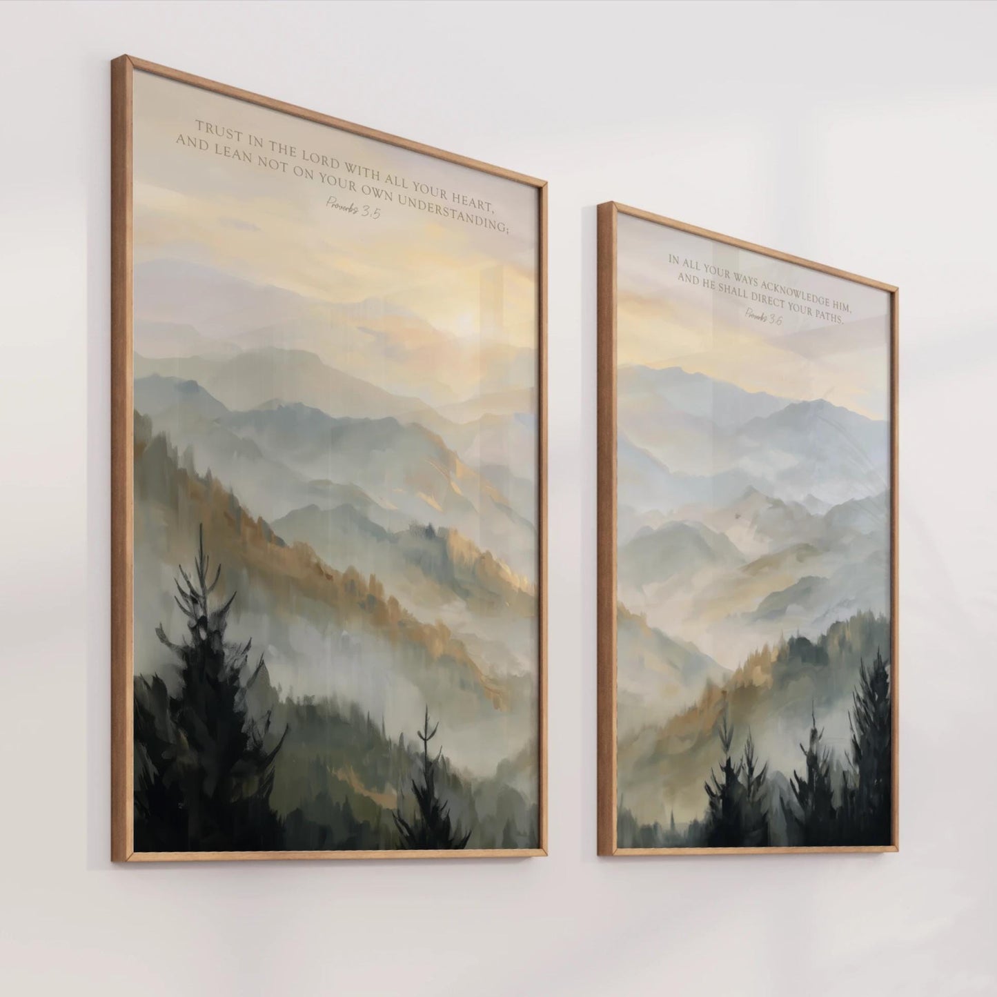 Trust in the Lord Wall Art Set, Mountains Neutral Christian Artwork Scripture Landscape Canvas Print, Hazy Golden Sunrise Proverbs 3:5-6 modern landscape rustic fine art wood framed printed and shipped in the USA