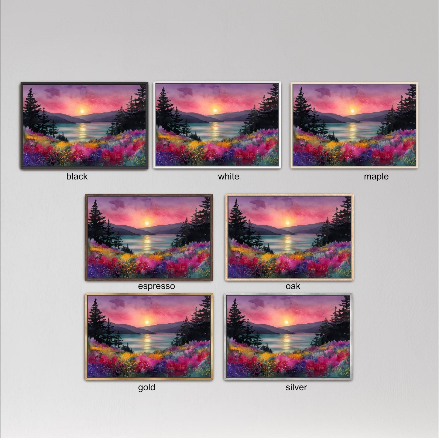 six different framed landscape paintings depicting a sunset over a field of flowers, with varying color palettes and styles.