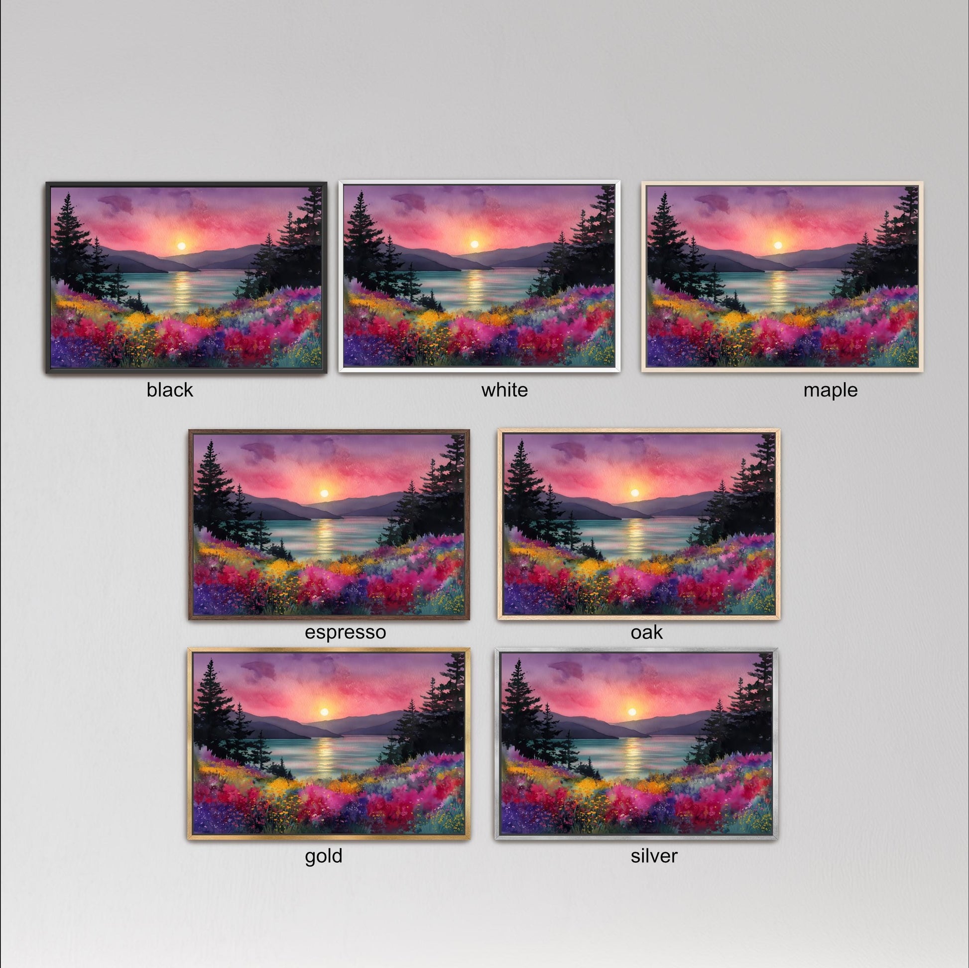 six different framed landscape paintings depicting a sunset over a field of flowers, with varying color palettes and styles.