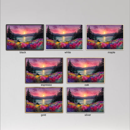 six different framed landscape paintings depicting a sunset over a field of flowers, with varying color palettes and styles.