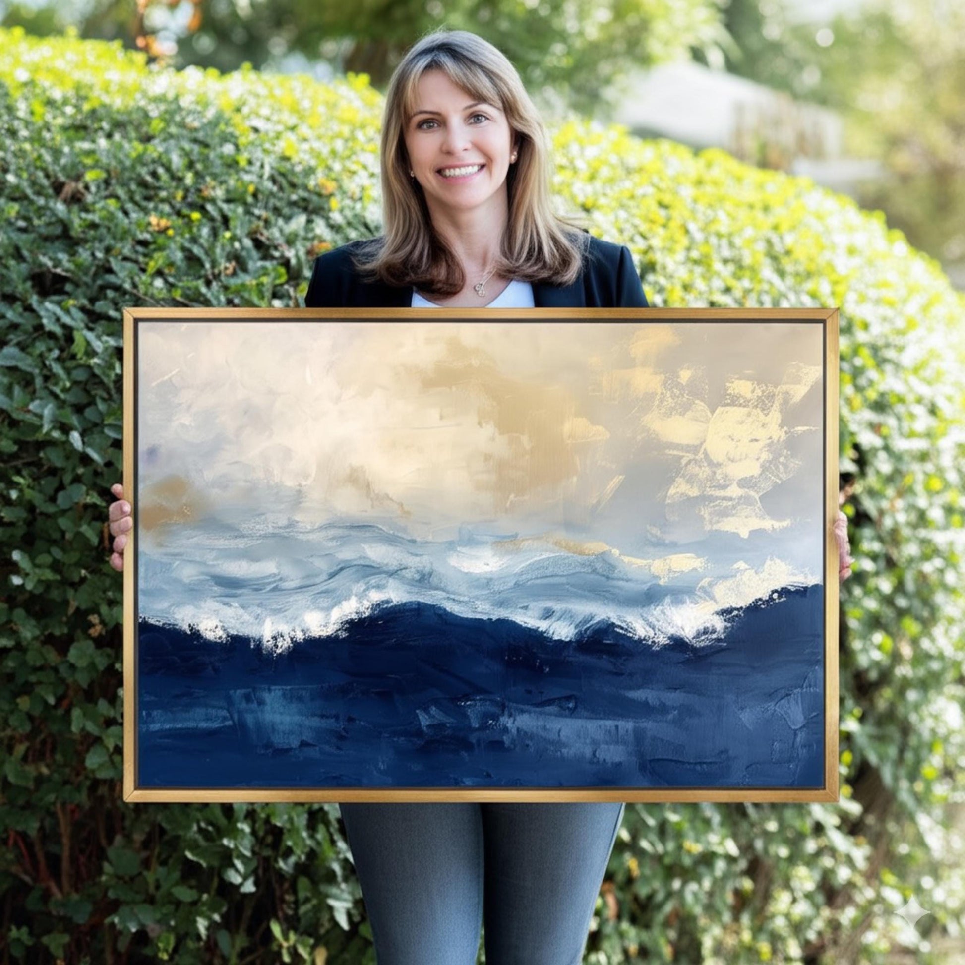 a woman holding up a painting in front of a bush