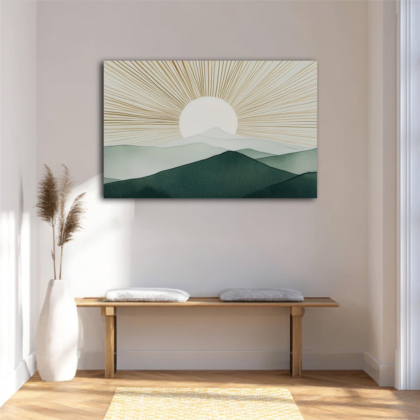 a minimalist interior design with a wooden bench, a white vase, and a painting of a mountain landscape with a sun-like design above it.