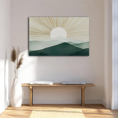 a minimalist interior design with a wooden bench, a white vase, and a painting of a mountain landscape with a sun-like design above it.