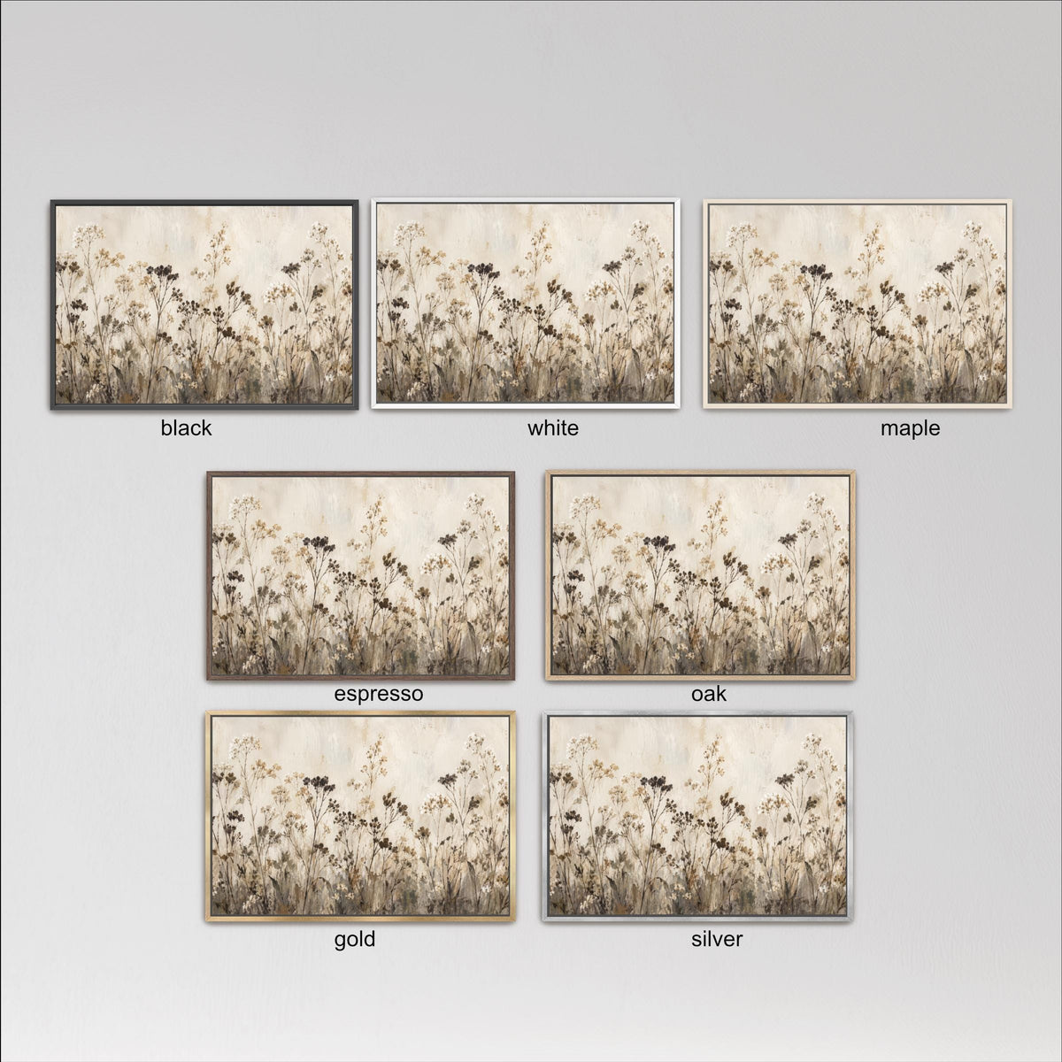 six different framed artworks, each depicting a field of flowers. The artworks are arranged in a grid format, with three artworks in each row and two artworks in each column. The artworks are labeled with the color of the frame, which includes black, white, and maple frames.
