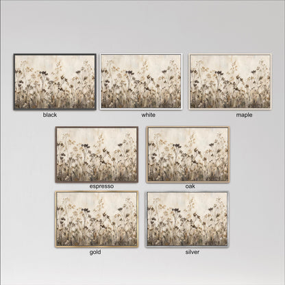 six different framed artworks, each depicting a field of flowers. The artworks are arranged in a grid format, with three artworks in each row and two artworks in each column. The artworks are labeled with the color of the frame, which includes black, white, and maple frames.