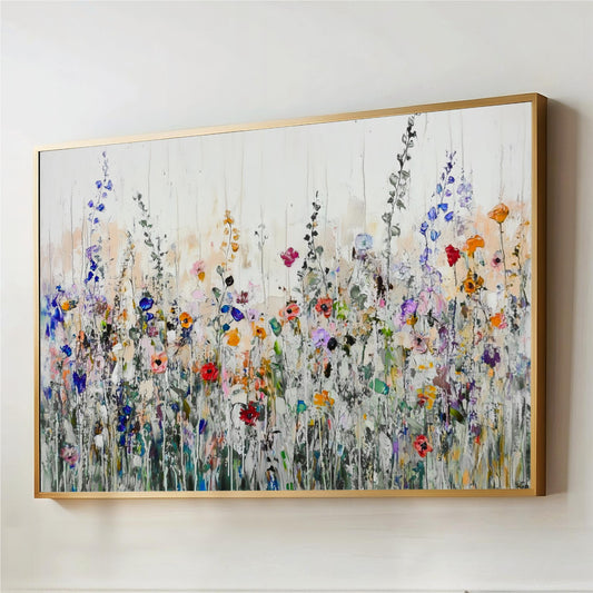 The image is a large painting depicting a field of colorful flowers, with various shades of green, yellow, orange, and purple.