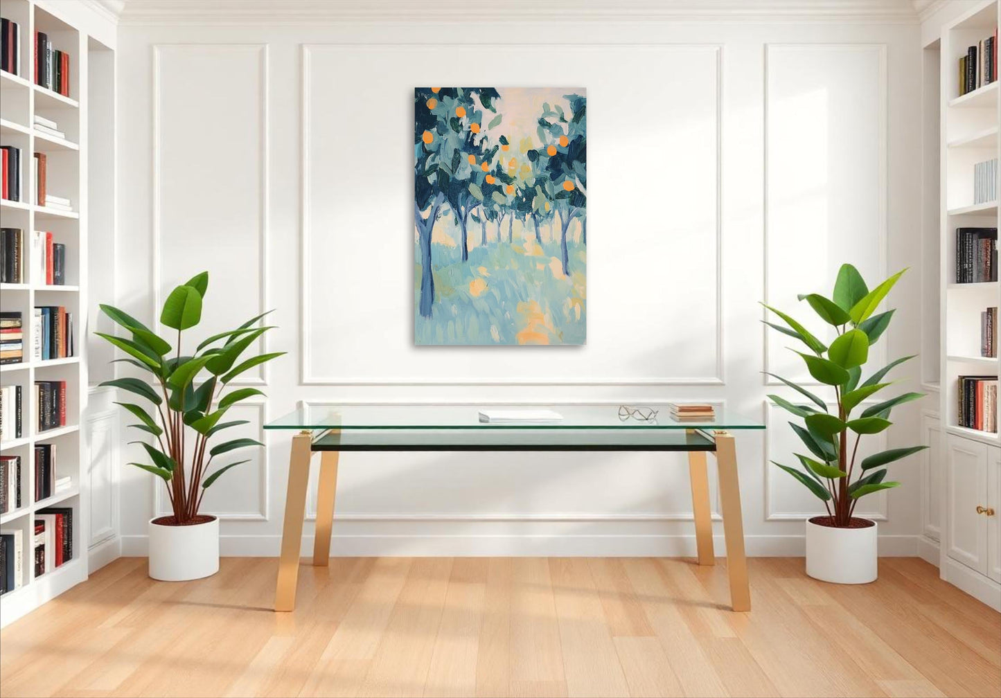 a serene and modern living space with a large glass desk, two potted plants, and a framed painting of trees on the wall.