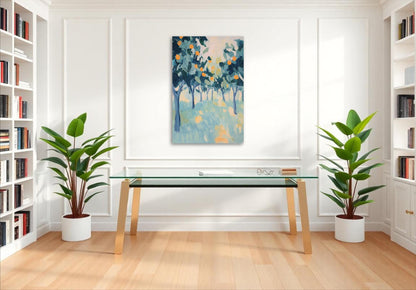 a serene and modern living space with a large glass desk, two potted plants, and a framed painting of trees on the wall.