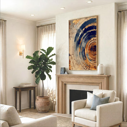 a cozy living room with a fireplace, a large abstract painting on the wall, and a potted plant. The room is furnished with a sofa, a chair, and a coffee table, creating a comfortable and inviting atmosphere.