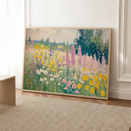 The image is a large painting depicting a vibrant field of colorful flowers, including yellow, pink, and purple blooms, set against a backdrop of trees and a blue sky.