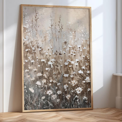 a large, framed painting of a field of white flowers against a light brown background.