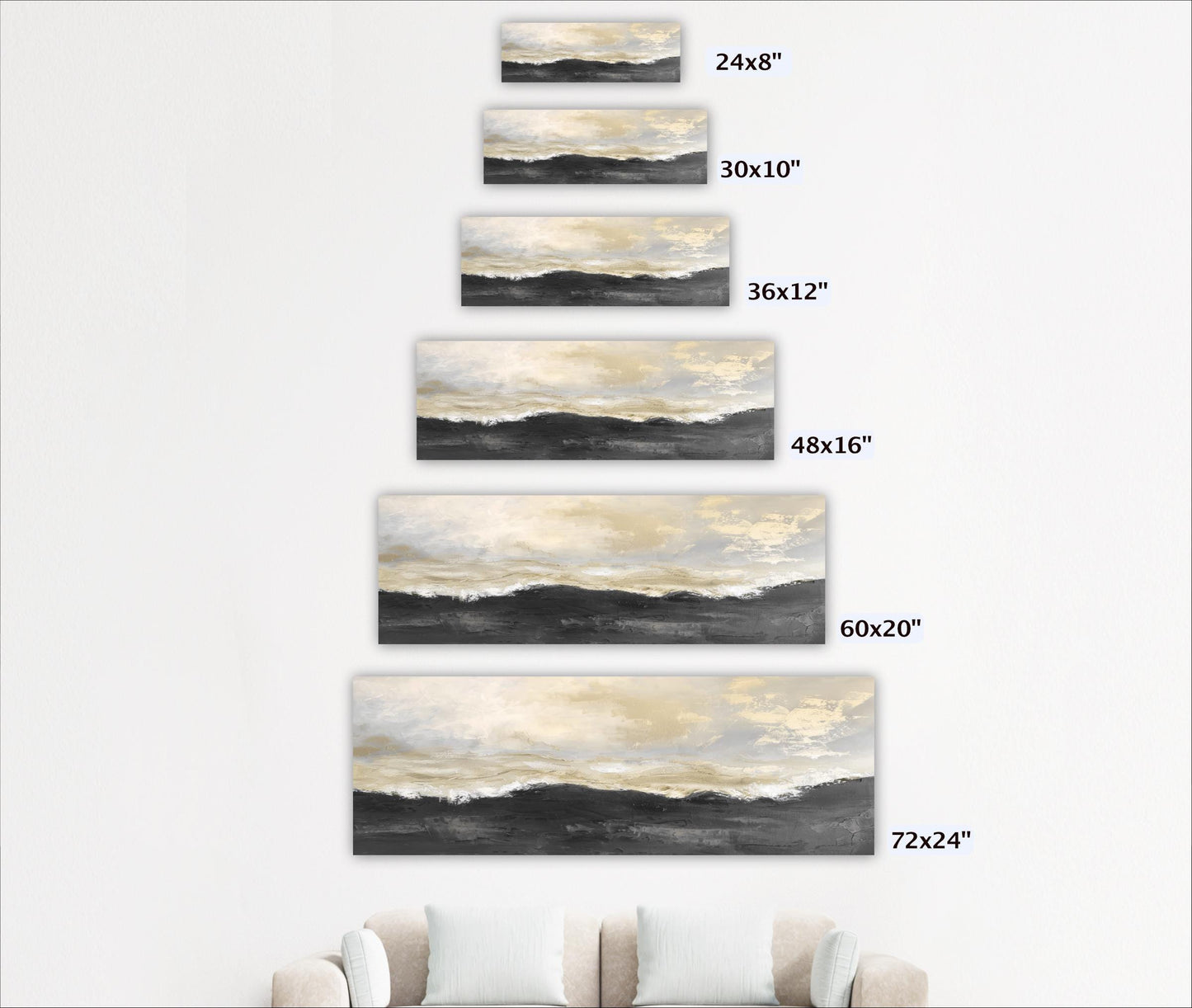 a series of landscape paintings, each varying in size, ranging from 24"x8" to 72"x12". The paintings depict different scenes of nature, such as mountains, clouds, and bodies of water.