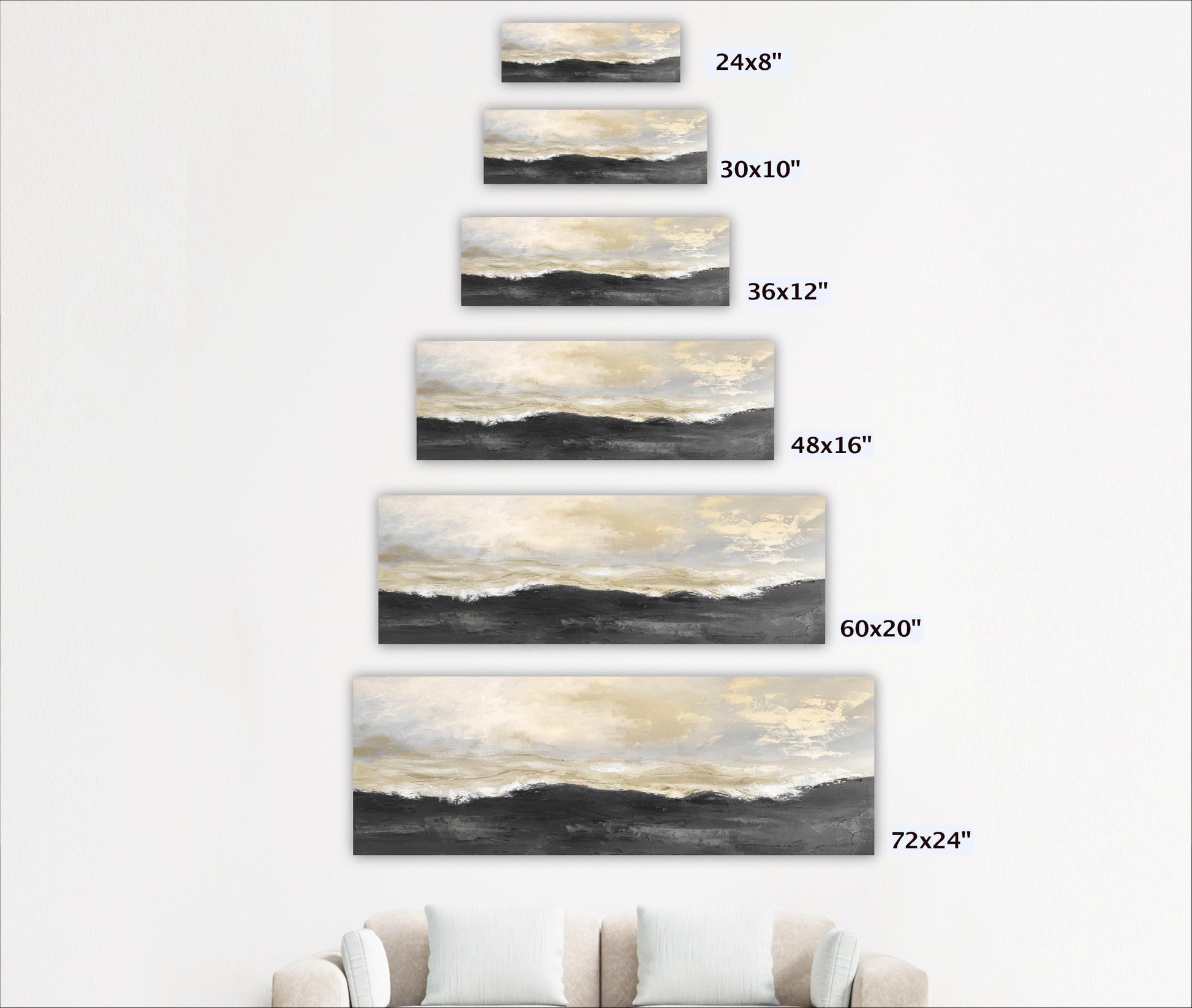 a series of landscape paintings, each varying in size, ranging from 24"x8" to 72"x12". The paintings depict different scenes of nature, such as mountains, clouds, and bodies of water.