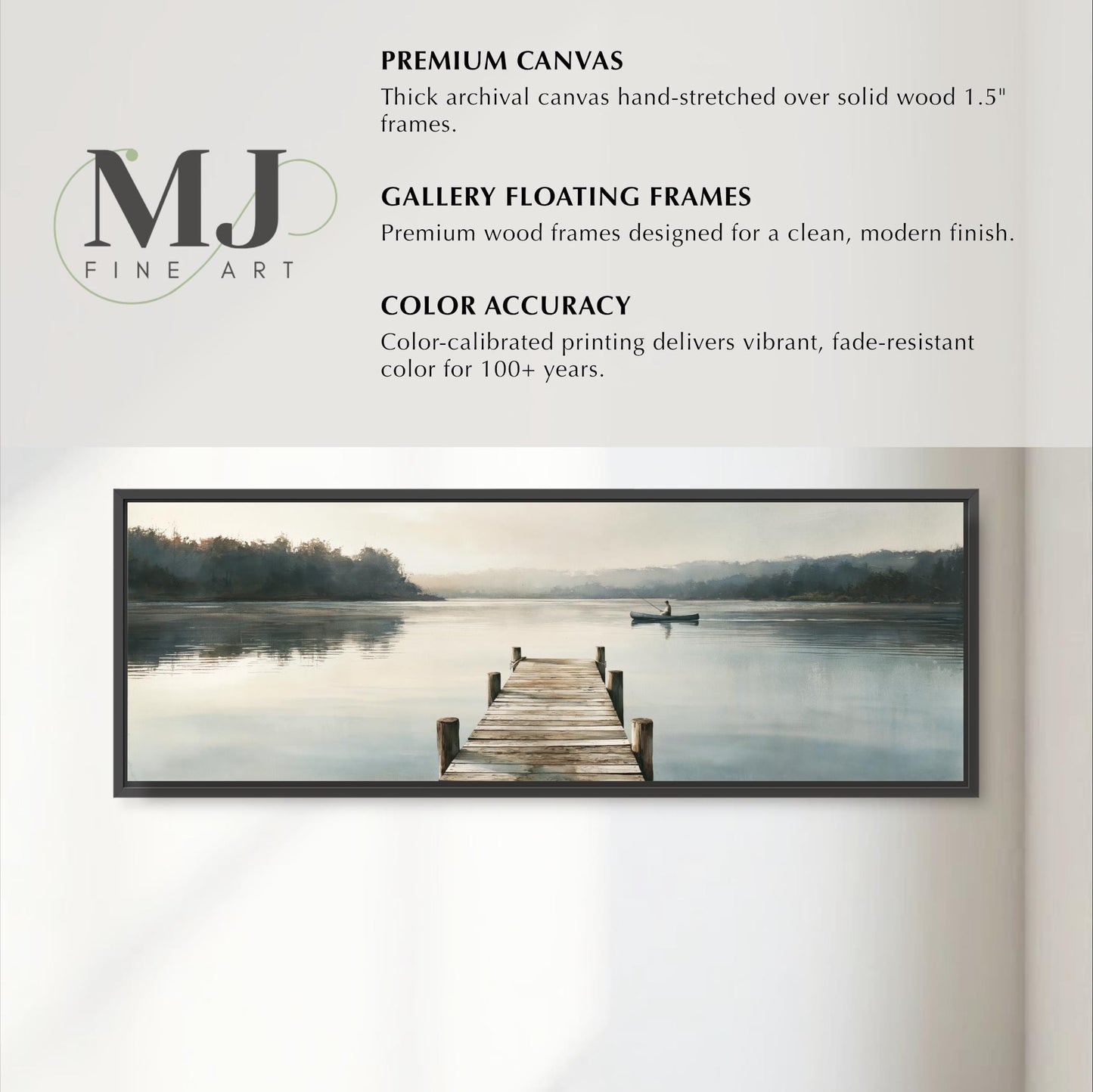 The image is a painting of a wooden dock extending into a calm lake, with a person in a boat on the water.