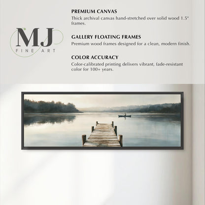 The image is a painting of a wooden dock extending into a calm lake, with a person in a boat on the water.