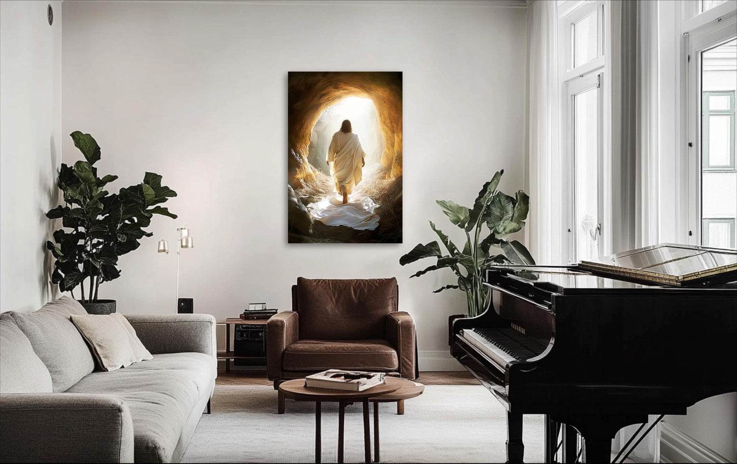 a living room with a grand piano, a comfortable couch, and a large painting of Jesus walking out of a cave.