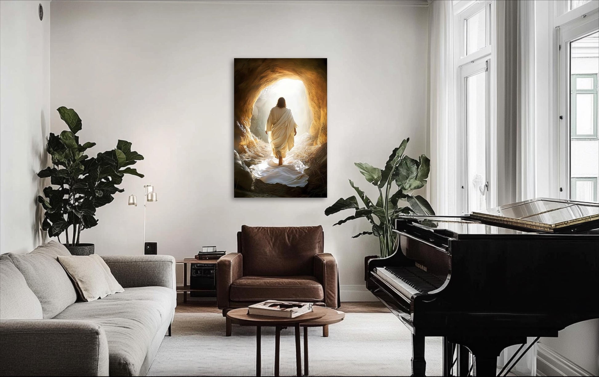 a living room with a grand piano, a comfortable couch, and a large painting of Jesus walking out of a cave.