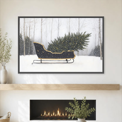 A framed painting of a black sled carrying a large Christmas tree is displayed on a wall above a fireplace, with a potted plant and a vase on a shelf below.