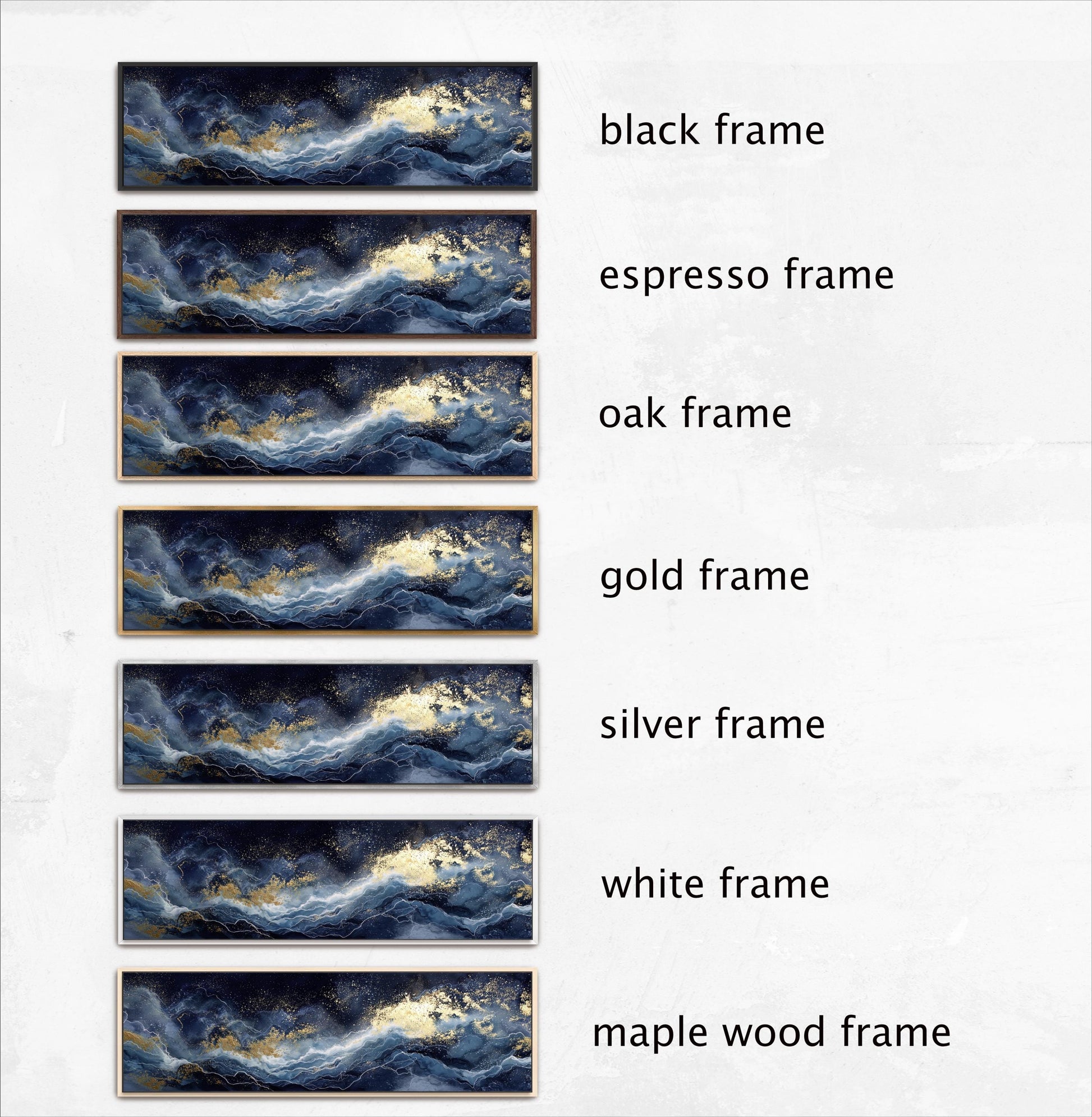 a series of six framed landscape photographs, each with a different frame color and style. The frames are black, espresso, oak, gold, silver, and white, as well as a maple wood frame. The photographs are arranged in a row, showcasing the variety of frame options available for displaying artwork.