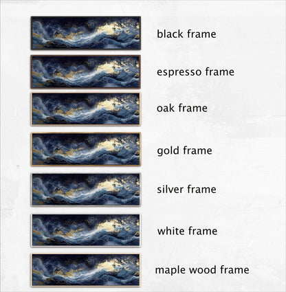 a series of six framed landscape photographs, each with a different frame color and style. The frames are black, espresso, oak, gold, silver, and white, as well as a maple wood frame. The photographs are arranged in a row, showcasing the variety of frame options available for displaying artwork.