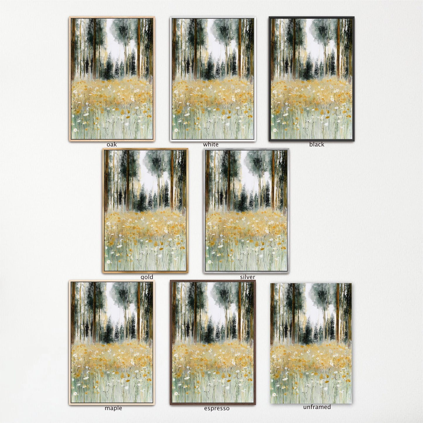 a collection of nine framed paintings, each depicting a different scene of a forest with tall trees and a field of flowers. The paintings are arranged in a grid format, with three paintings in each row and three paintings in each column. The paintings vary in size and frame style, showcasing the diversity of the artwork.