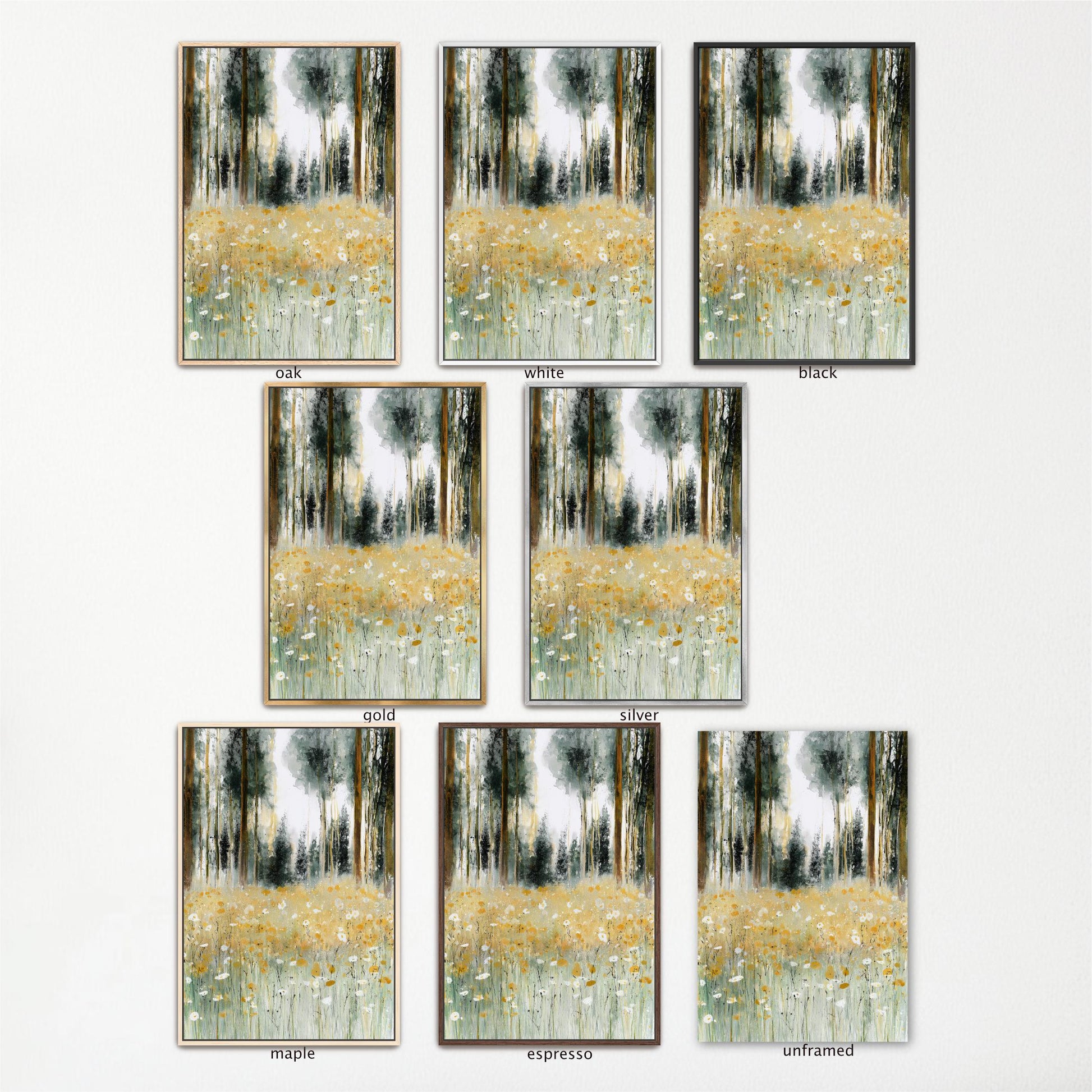 a collection of nine framed paintings, each depicting a different scene of a forest with tall trees and a field of flowers. The paintings are arranged in a grid format, with three paintings in each row and three paintings in each column. The paintings vary in size and frame style, showcasing the diversity of the artwork.