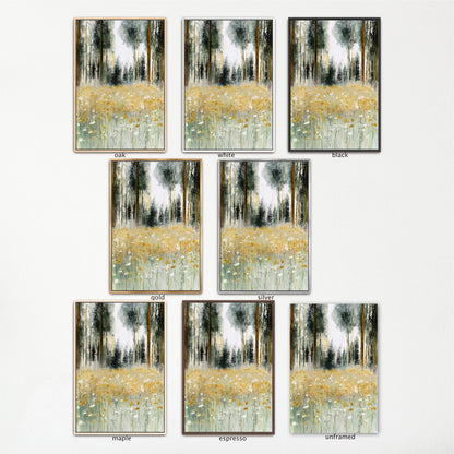 a collection of nine framed paintings, each depicting a different scene of a forest with tall trees and a field of flowers. The paintings are arranged in a grid format, with three paintings in each row and three paintings in each column. The paintings vary in size and frame style, showcasing the diversity of the artwork.