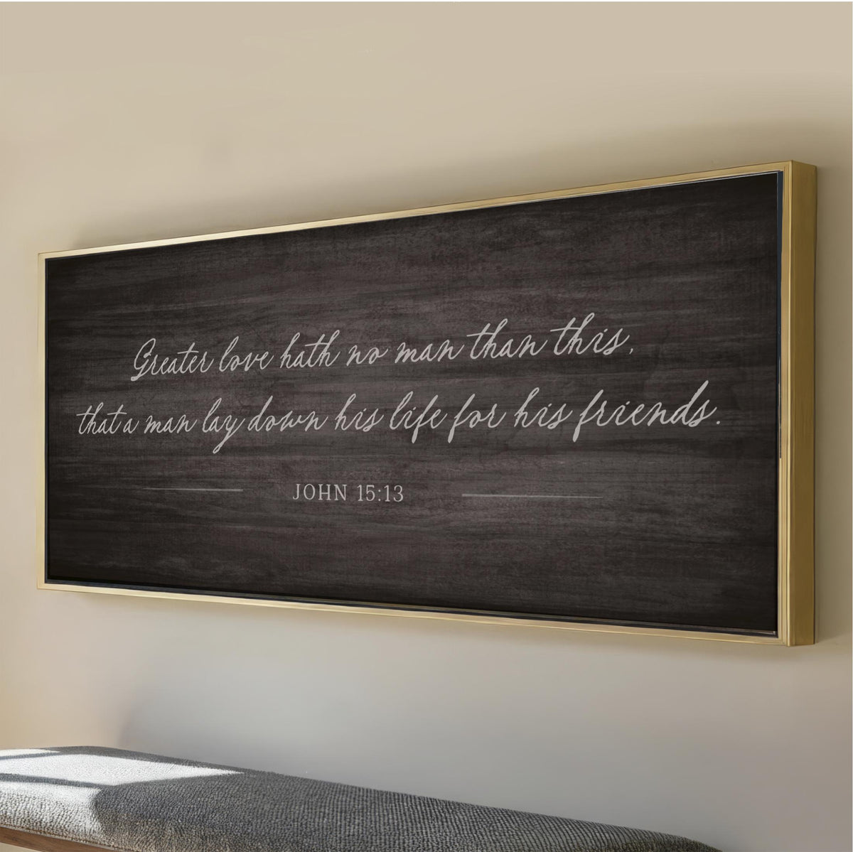 John 15:13 Wall Art, Greater love hath no man than this, that a man lay down his life for his friends, Framed Canvas Christian Gift Bible Verse, Scripture Art, Rustic wood