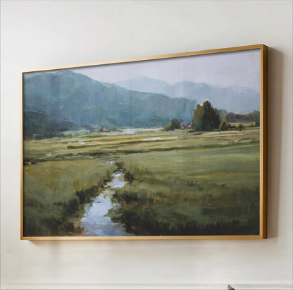 The image is a painting of a serene landscape featuring a winding stream, lush green fields, and distant mountains.