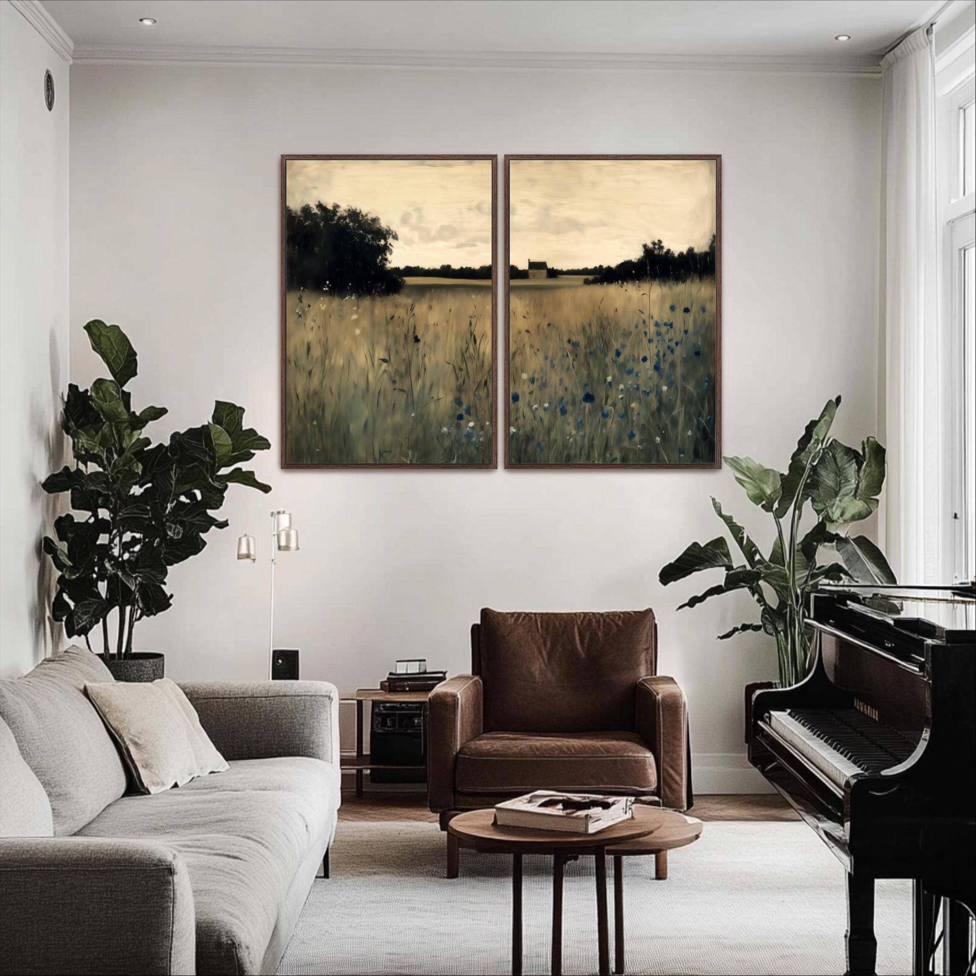 a cozy living room with a gray sofa, a brown leather armchair, and a grand piano. Above the seating area, two large paintings of a field with trees and flowers are displayed on the wall, creating a serene and inviting atmosphere.