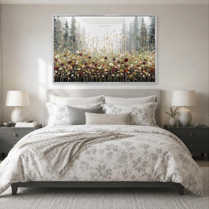 a large, floral-patterned bed with a gray and white bedspread, flanked by two nightstands with lamps. Above the bed is a framed artwork depicting a forest scene with tall trees and a field of flowers.