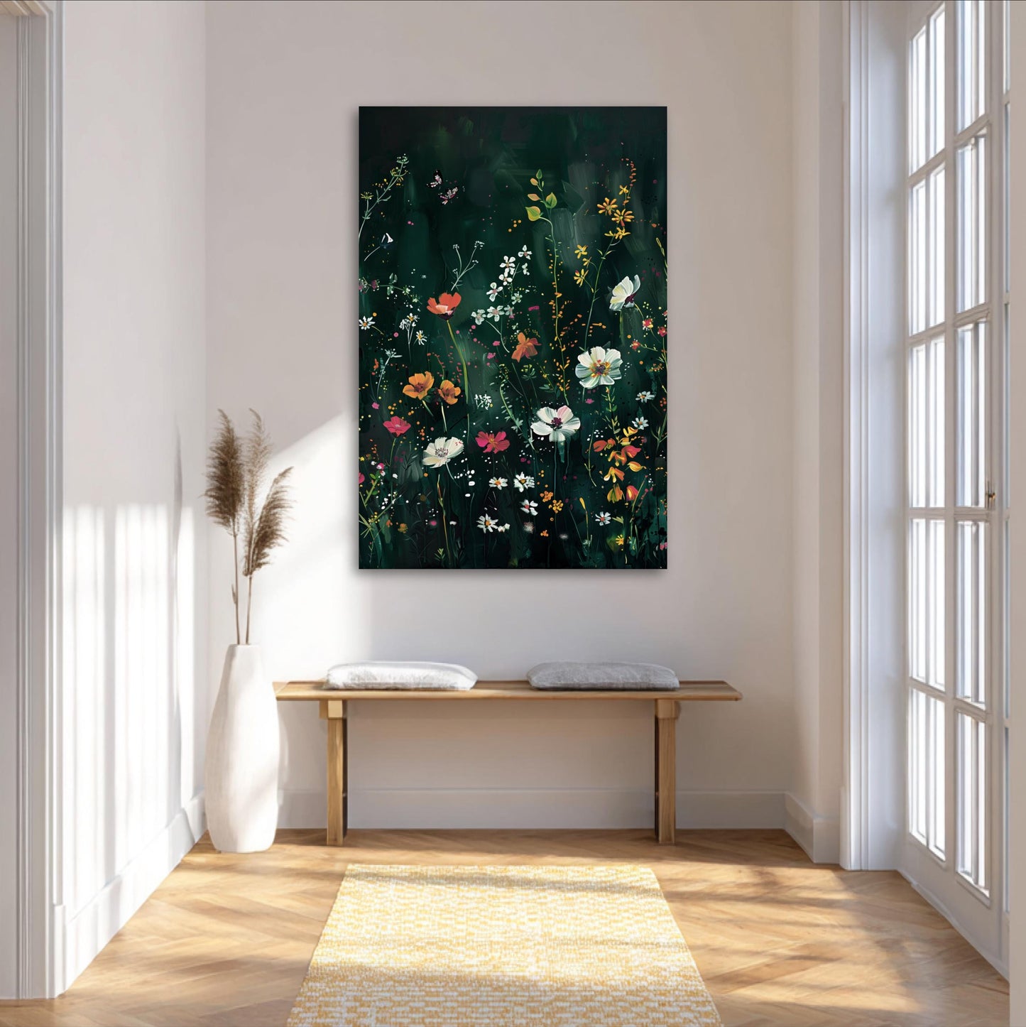 a large, colorful painting of flowers hanging on a wall in a bright, airy room. The painting is the focal point of the room, with a wooden bench placed in front of it. The room has large windows that allow natural light to flood in, creating a warm and inviting atmosphere.