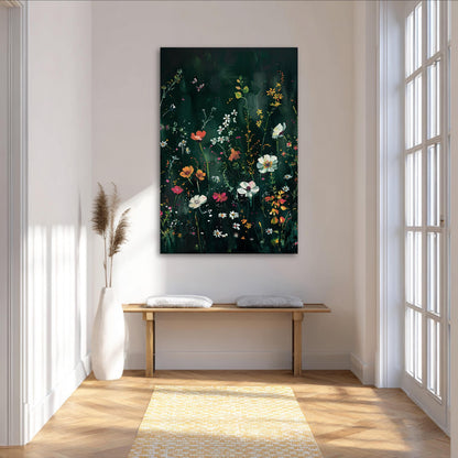 a large, colorful painting of flowers hanging on a wall in a bright, airy room. The painting is the focal point of the room, with a wooden bench placed in front of it. The room has large windows that allow natural light to flood in, creating a warm and inviting atmosphere.