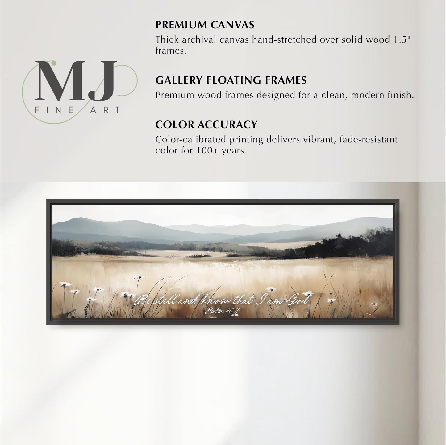 The image is a premium canvas hand-stretched over solid wood frame, featuring a landscape painting with a field of flowers and mountains in the background.