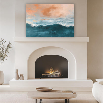 a cozy living room with a white fireplace, a wooden coffee table, and a painting of a seascape above the fireplace.