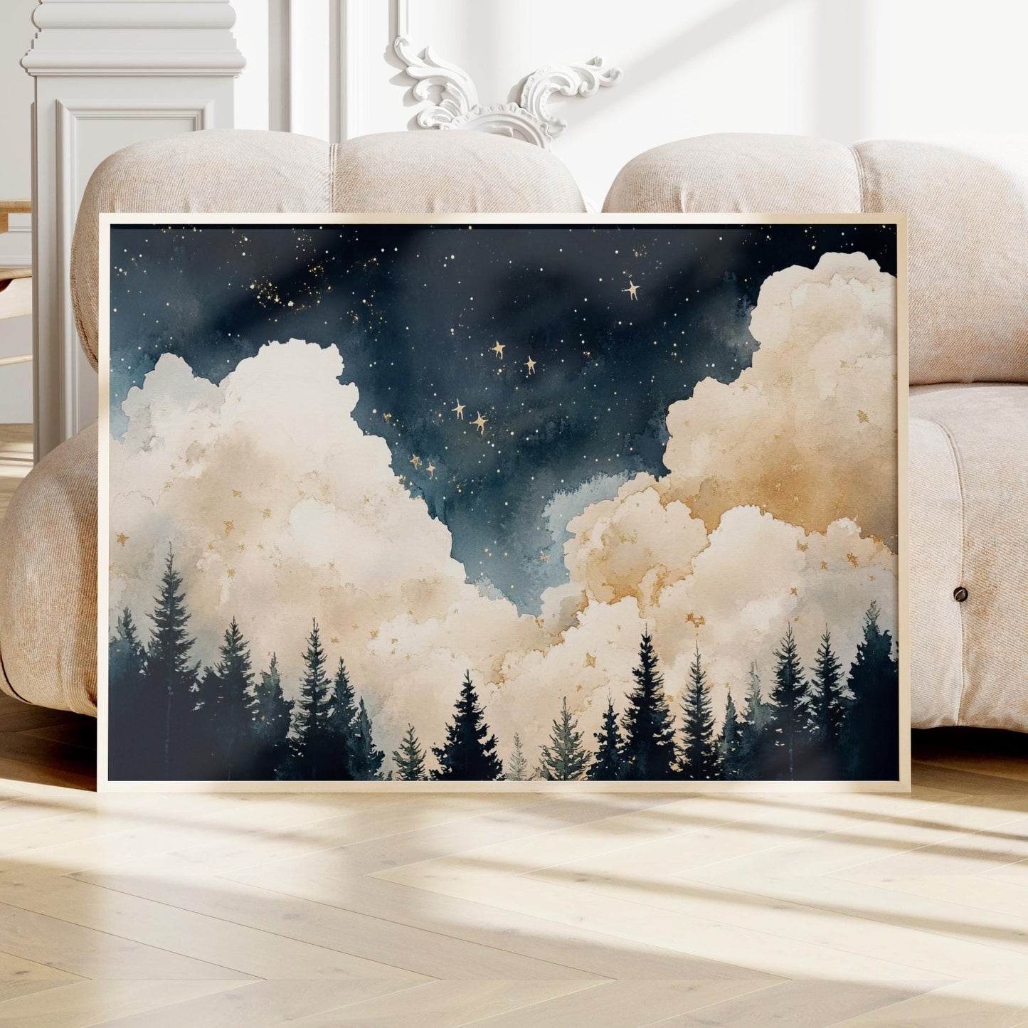 a painting of a night sky with clouds and trees
