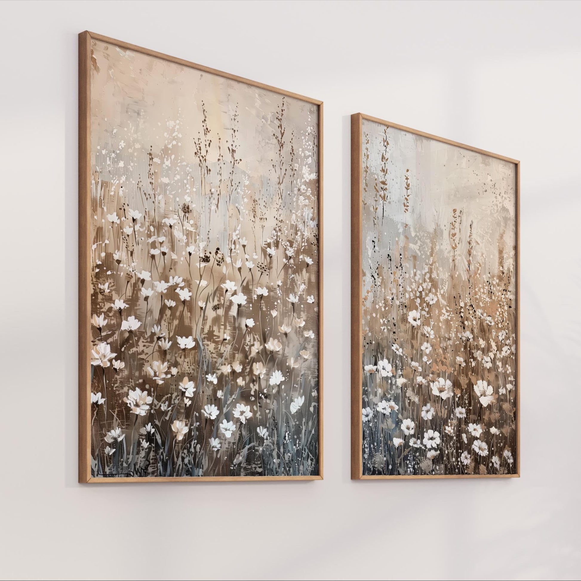 two framed paintings of a field of flowers, with a warm and earthy color palette.