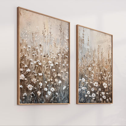 two framed paintings of a field of flowers, with a warm and earthy color palette.