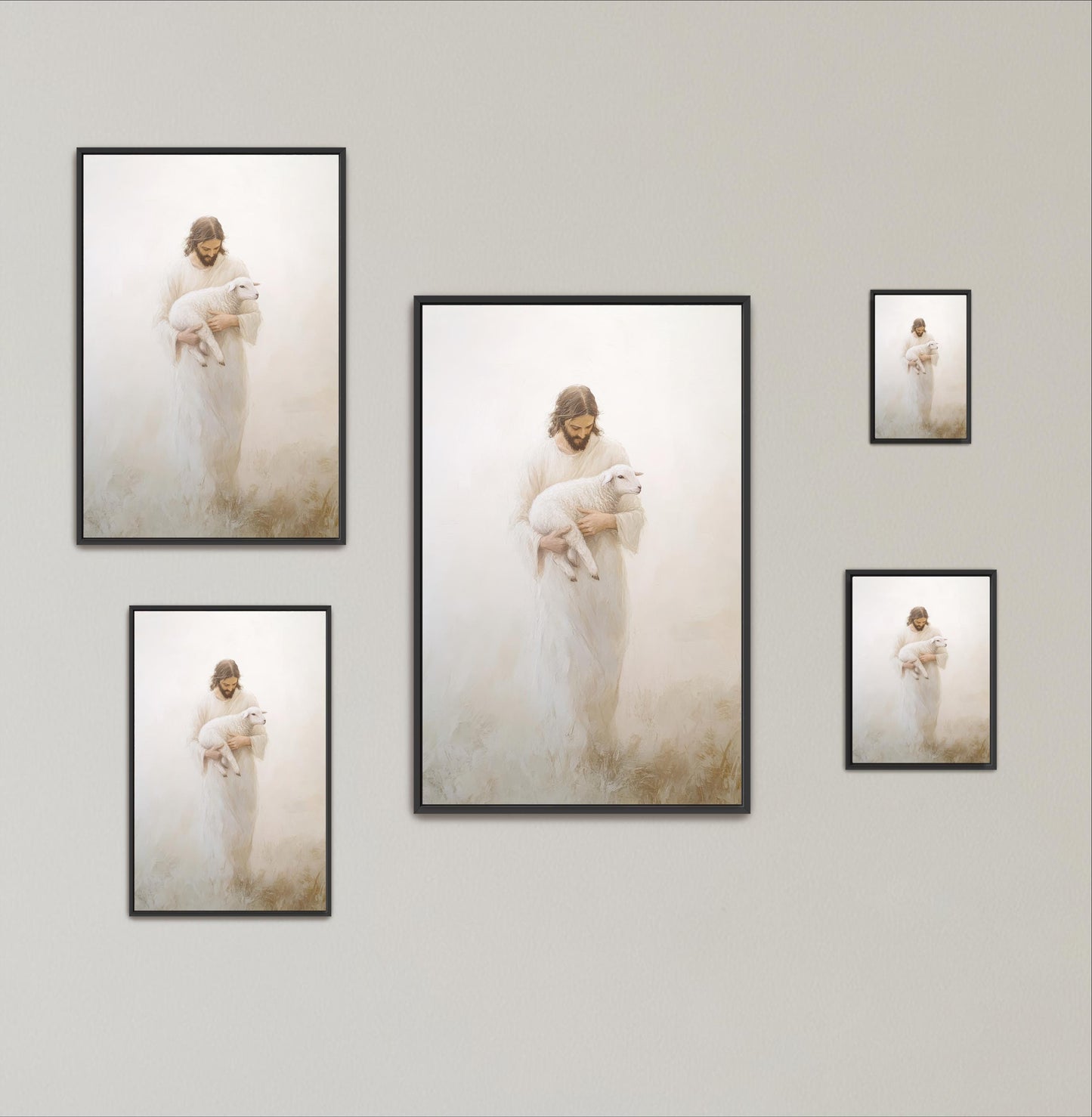 The image contains a series of framed photographs depicting a person in a white robe holding a lamb.
