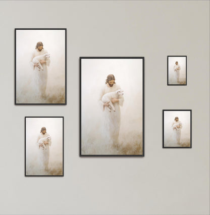 The image contains a series of framed photographs depicting a person in a white robe holding a lamb.